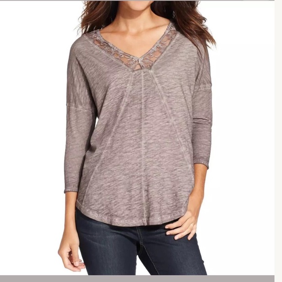 Dkny Tops - DKNY Jeans women’s blouse XS NWT brown lace trim